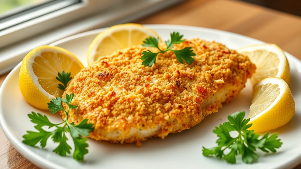 hero: golden crispy parmesan crusted chicken breast on white plate with fresh lemon wedges and Italian parsley garnish, photorealistic, natural window lighting, no text