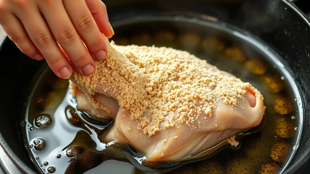 process: raw breaded chicken being carefully placed into hot sizzling oil in cast iron skillet with golden oil bubbling around edges, photorealistic, natural lighting, no text