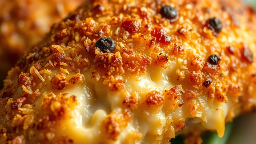 detail: extreme close-up of perfectly golden-brown crispy parmesan crust on chicken showing texture and crunch with melted cheese visible, photorealistic, natural lighting, no text