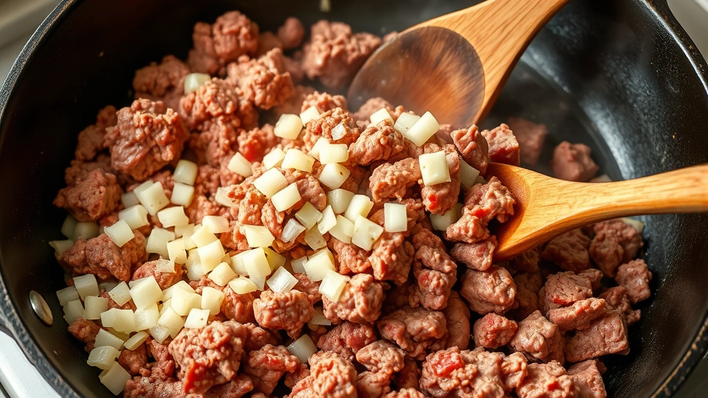 process: Ground beef being crumbled and broken into tiny pieces in a hot cast iron skillet with diced onions and steam rising, wooden spoon stirring, photorealistic, natural kitchen lighting, action shot, no text
