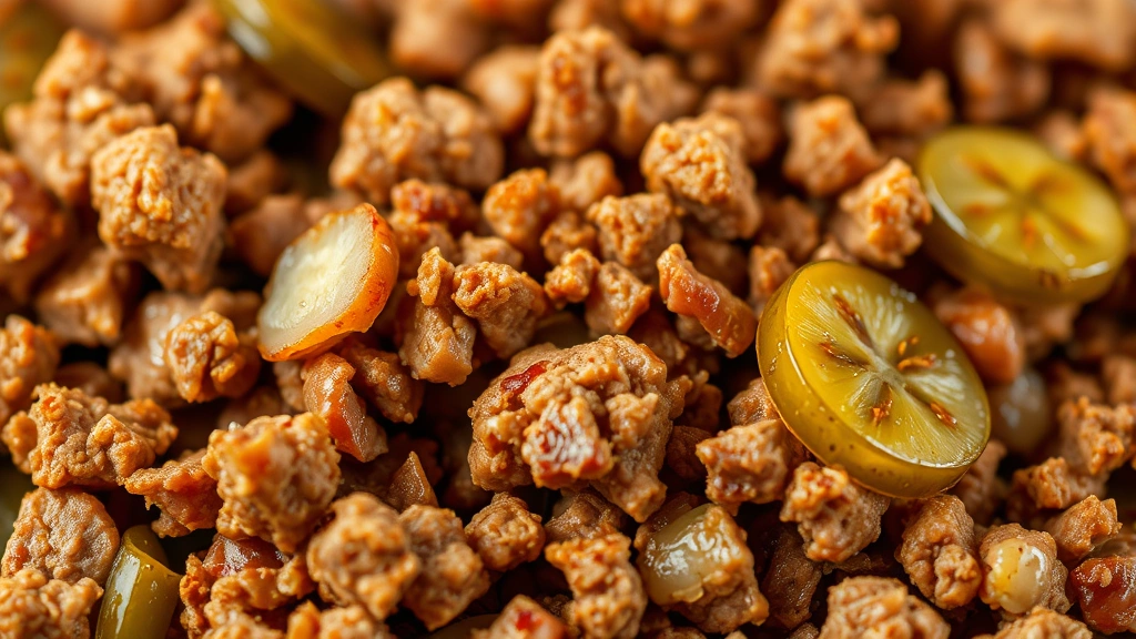 detail: Extreme close-up macro shot of the crumbly loose meat texture showing individual seasoned beef pieces, golden brown color, fresh pickles and onions visible, photorealistic, natural light with shallow depth of field, no text
