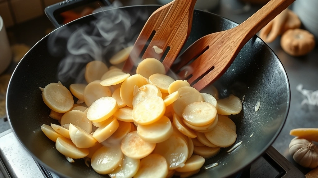 process: wok with sizzling lotus root slices being tossed with wooden utensils, garlic and ginger visible, high heat with visible steam, dynamic action shot, natural kitchen lighting