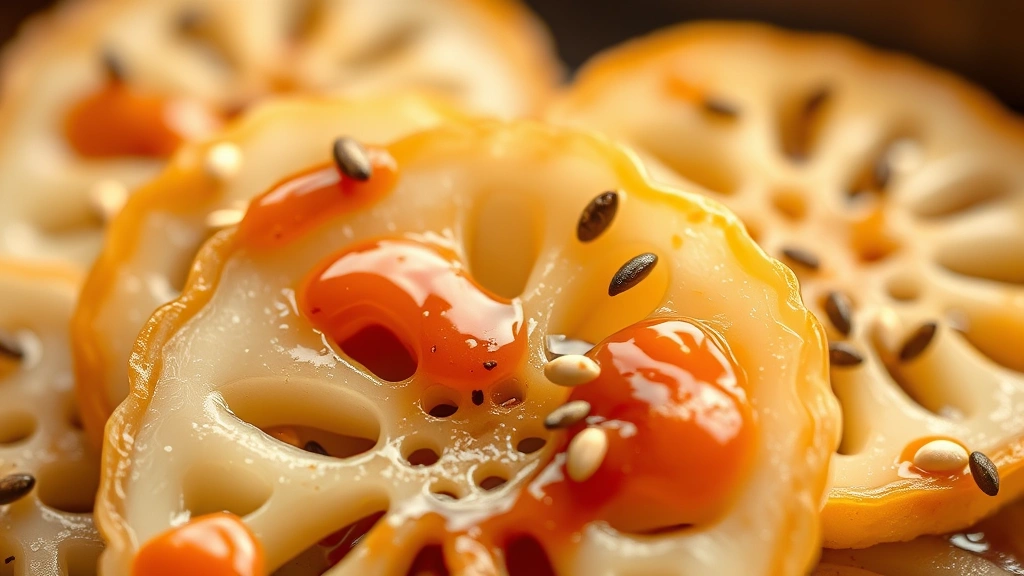 detail: close-up macro of individual lotus root slices showing intricate hole pattern, glistening with sauce and sesame seeds, shallow focus, warm natural light highlighting texture