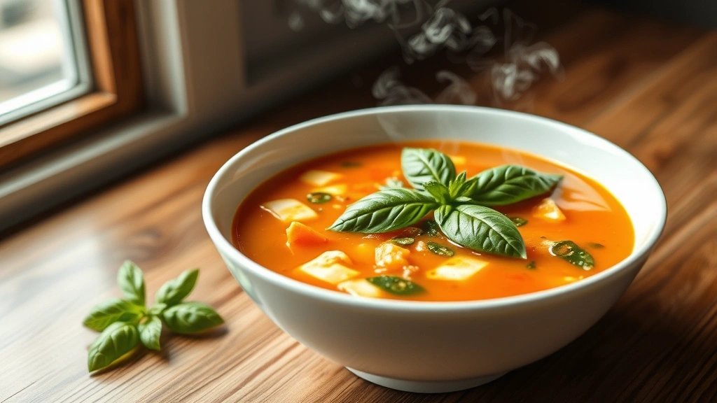 hero: vibrant low calorie vegetable soup in a white bowl with fresh basil garnish, steam rising, natural window lighting, wooden table background, no text