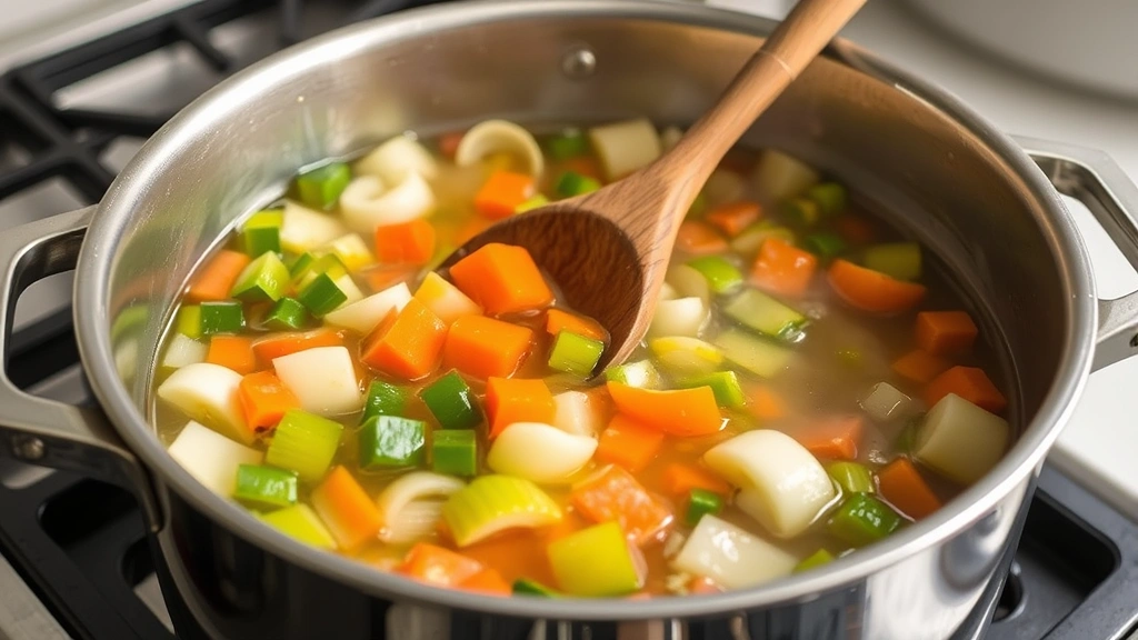 process: cooking vegetables in large pot with broth, wooden spoon stirring, natural kitchen lighting, no text visible