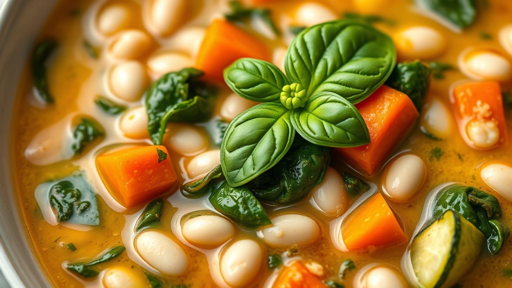 detail: close-up of soup bowl showing white beans, spinach, carrots and zucchini, fresh basil leaf on top, natural light, macro photography, no text