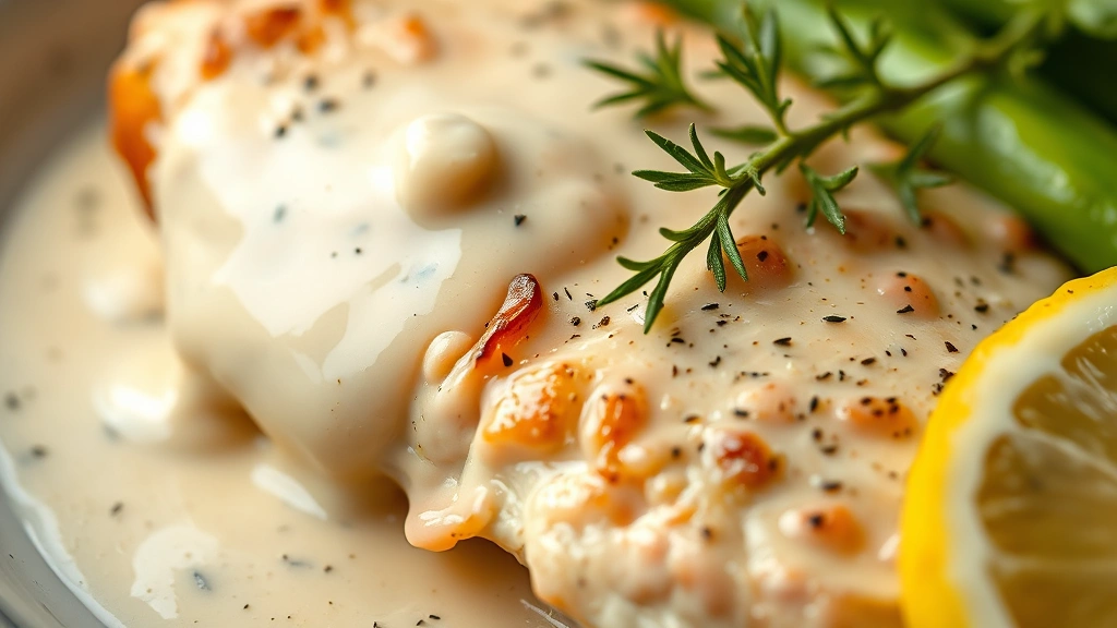 detail: close-up of chicken with cream sauce dripping, fresh thyme and lemon slice visible, photorealistic, shallow depth of field, natural light, no text