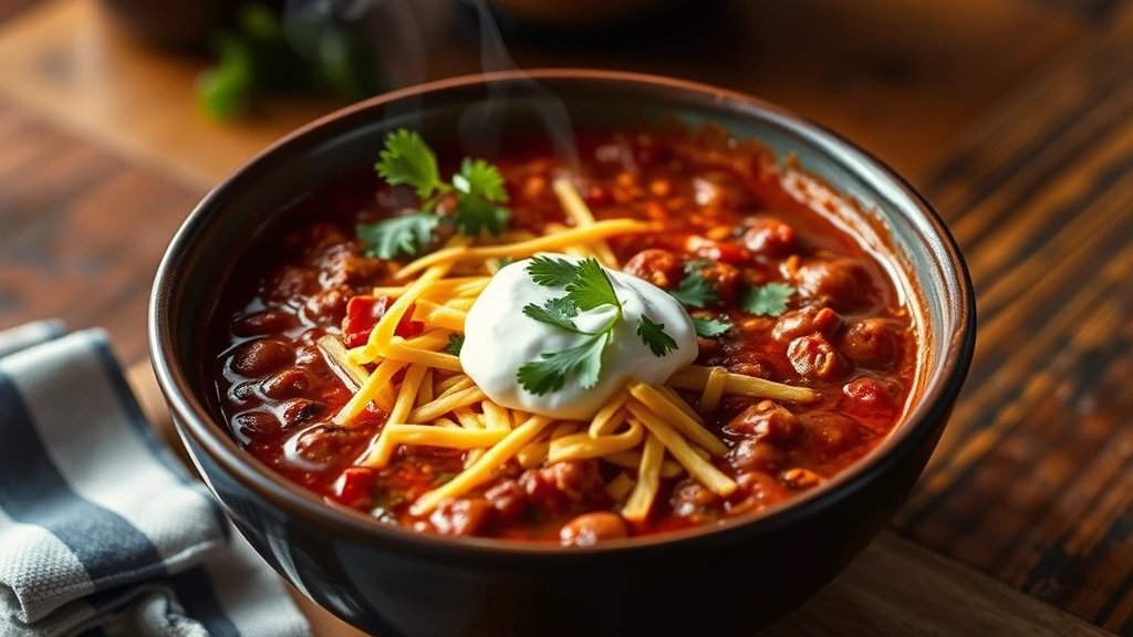hero: steaming bowl of rich red chili topped with shredded cheddar cheese, sour cream, and fresh cilantro, photorealistic, warm natural lighting, wooden table background, no text