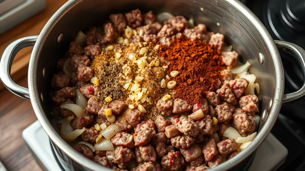 process: ground beef browning in large pot with onions and garlic, aromatic spices being added, photorealistic, warm kitchen lighting, no text