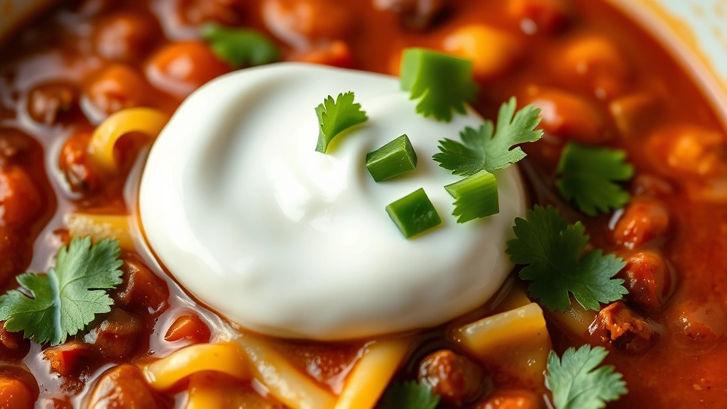 detail: close-up of creamy sour cream dollop on chili with melted cheese and fresh green cilantro garnish, photorealistic, soft natural light, no text