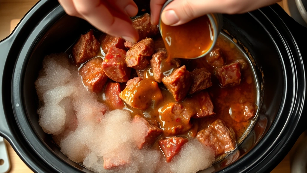 process: beef chunks being added to crock pot with sauce, steam rising, hands visible adding ingredients, warm kitchen lighting, no text or watermarks