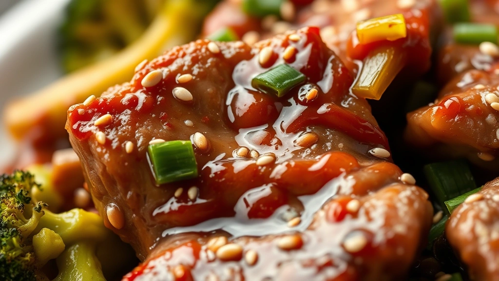 detail: close-up of tender beef chunk with glossy sauce coating and broccoli florets, sesame seeds and green onions visible, shallow depth of field, macro photography style