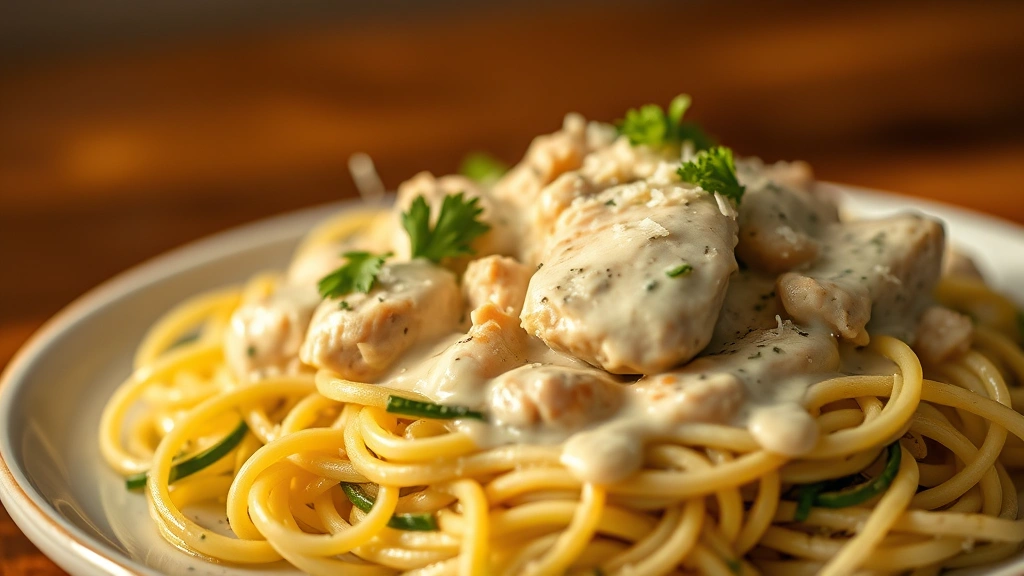 hero: creamy chicken alfredo over spiralized zucchini noodles, photorealistic, golden lighting from the side, shallow depth of field, garnished with fresh parsley and Parmesan, no text