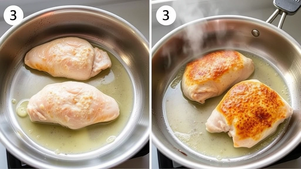 process: searing chicken breasts in butter in a stainless steel skillet, golden crust forming, steam rising, natural kitchen window light, no text