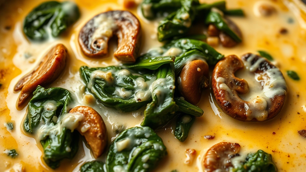 detail: close-up of creamy sauce with melted cheese, fresh spinach, and mushrooms, macro photography, warm indoor lighting, no text