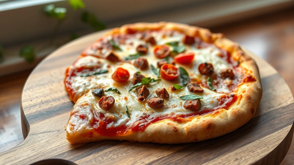 hero: slice of homemade low carb pizza with melted cheese and toppings on a wooden board, photorealistic, natural window light, no text