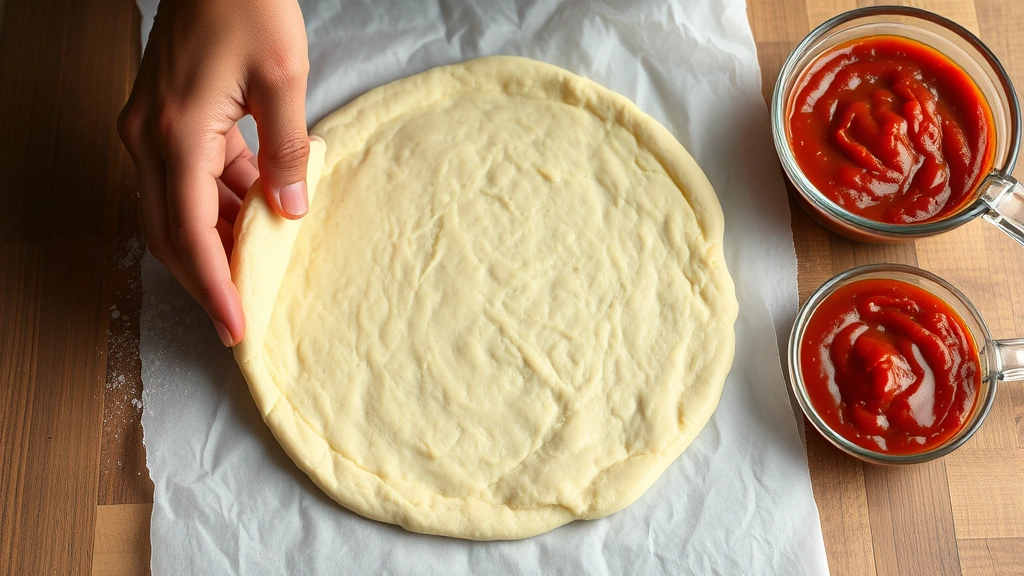 process: hands pressing dough into a round crust on parchment paper, pizza sauce nearby, photorealistic, natural kitchen light, no text