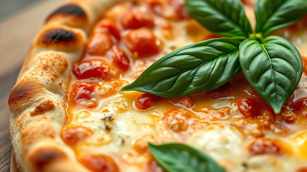 detail: close-up of golden crispy pizza crust edge with bubbled cheese and fresh basil, photorealistic, natural light, no text