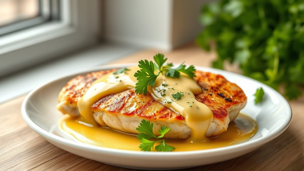 hero: golden pan-seared chicken breast topped with silky garlic butter sauce and fresh parsley garnish on white plate, photorealistic, natural window lighting, shallow depth of field, no text