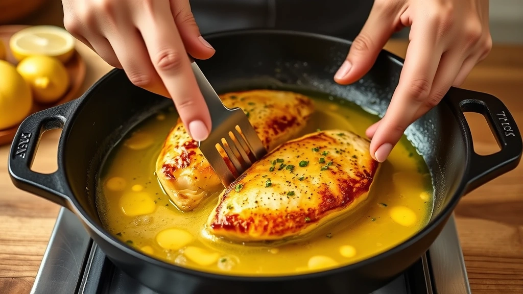 process: hands flipping golden chicken breast in cast iron skillet with bubbling garlic butter sauce, photorealistic, warm kitchen lighting, no text