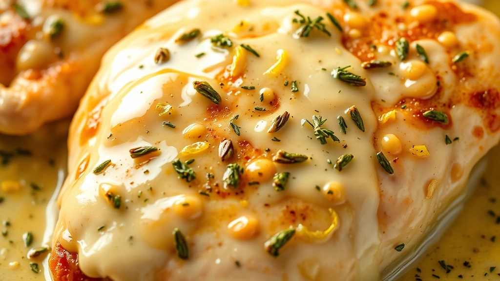 detail: close-up of creamy garlic butter sauce coating chicken with fresh lemon zest and thyme sprinkles, photorealistic, macro photography style, natural light, no text