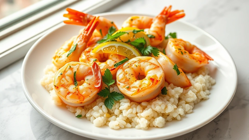 hero: plated low carb garlic butter shrimp with fresh herbs and lemon zest, served over cauliflower rice on a white plate, photorealistic, natural window light, no text