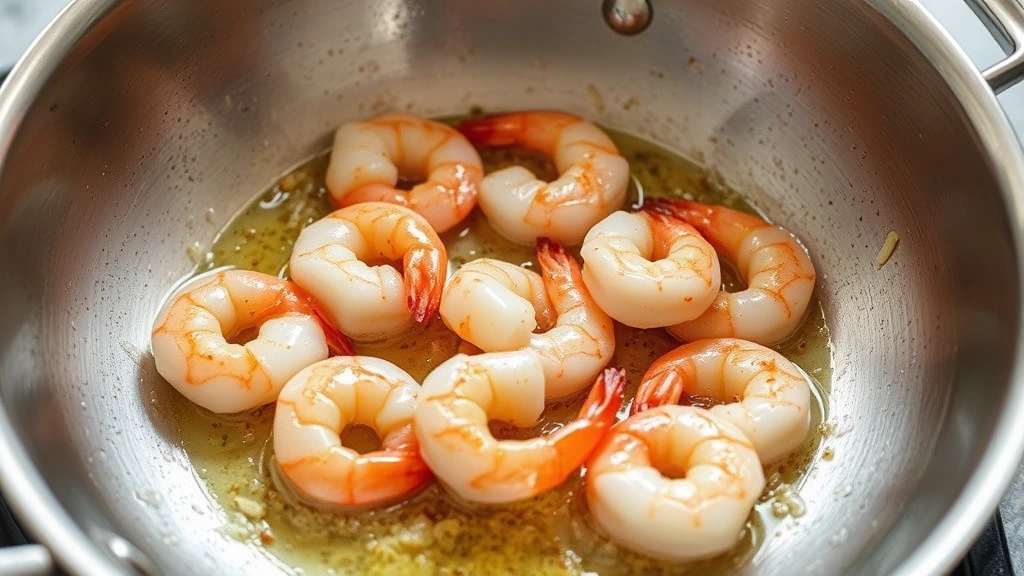 process: shrimp searing in butter in a stainless steel skillet with garlic and red pepper flakes, photorealistic, natural kitchen light, no text