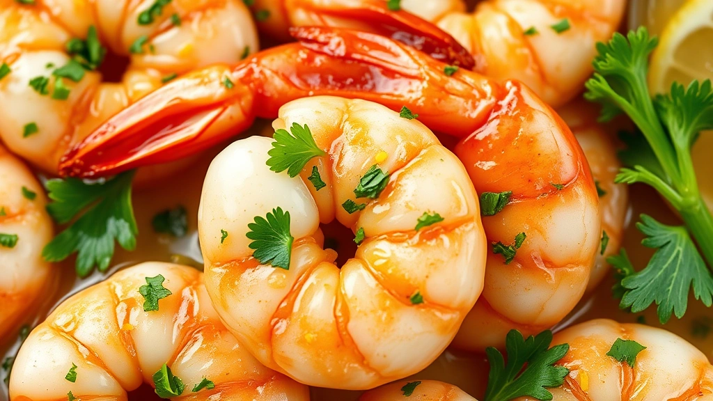 detail: close-up of succulent pink shrimp coated in glossy garlic butter sauce with fresh green parsley and lemon zest, photorealistic, natural light, no text