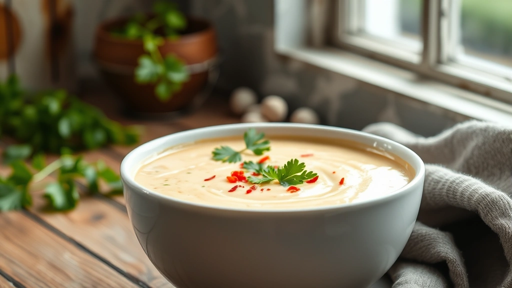 hero: creamy low carb soup in white bowl, garnished with fresh parsley and red pepper flakes, warm steam rising, rustic wooden table background, natural soft window light, cozy atmosphere