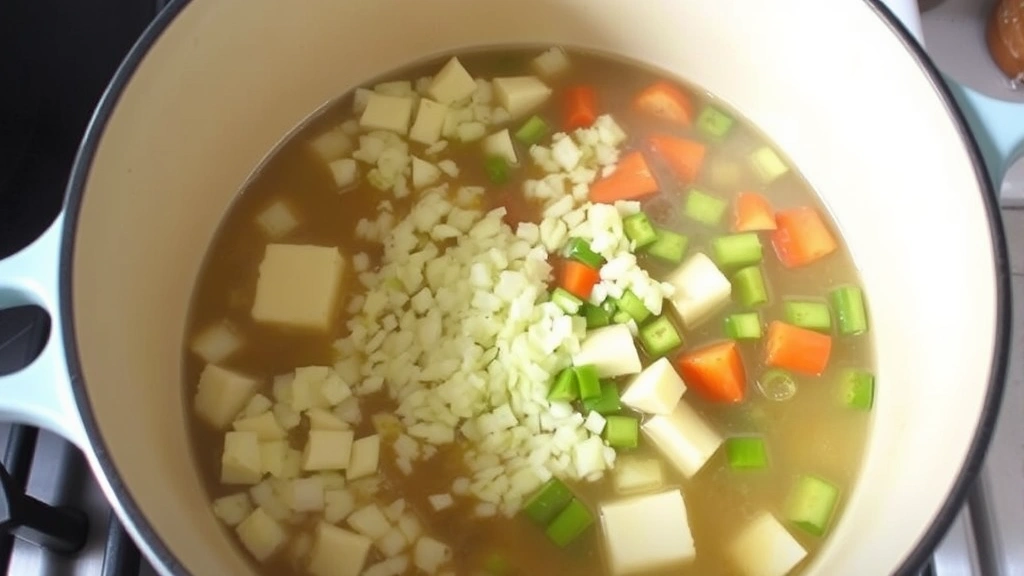 process: butter melting in pot with diced onions and garlic, vegetables being added to broth, natural kitchen lighting, showing cooking progression