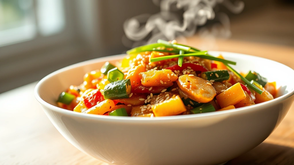 hero: vibrant low carb vegetarian stir fry in white bowl, steam rising, sesame seeds garnish, green onions on top, natural sunlight from left, shallow depth of field, appetizing and fresh