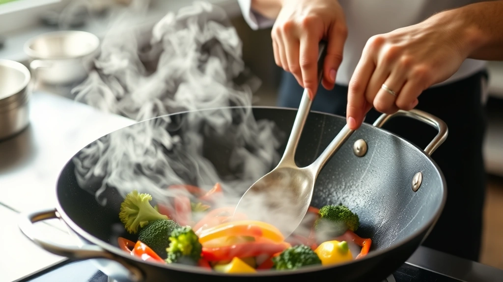 process: chef's hands stirring vegetables in hot wok pan, broccoli and peppers visible, steam and action captured, natural kitchen light, dynamic motion blur on utensil