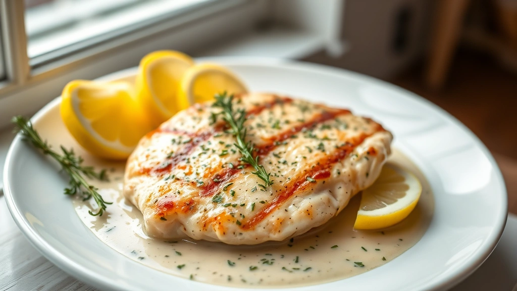 hero: perfectly seared chicken breast in creamy lemon herb sauce with fresh thyme and lemon wedges, served on a white plate, natural window light, professional food photography, shallow depth of field