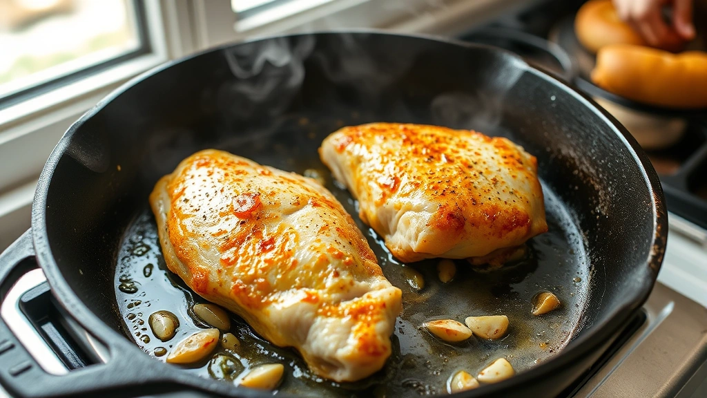 process: searing chicken in cast iron skillet with golden crust forming, garlic and herb sprigs visible, steam rising, natural daylight from kitchen window, capturing the cooking technique
