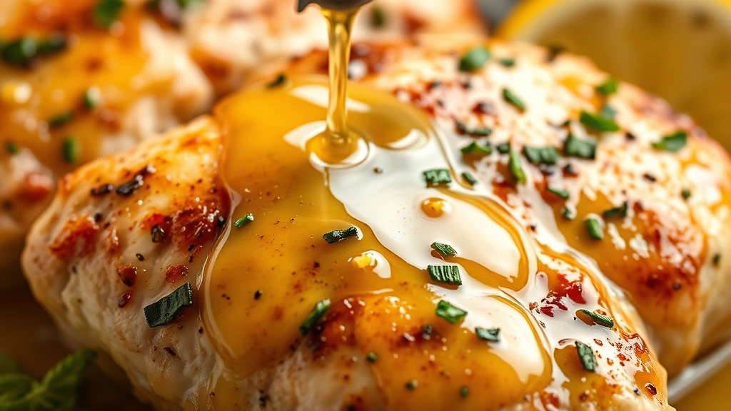 detail: close-up of finished chicken with glossy lemon butter sauce dripping, fresh herbs and lemon zest garnish, macro photography showing sauce texture, warm natural lighting, professional styling