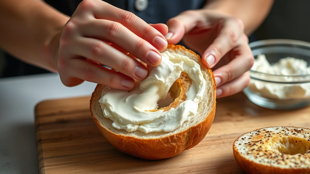 process: hands spreading cream cheese on warm toasted bagel half, photorealistic, natural kitchen light, no text, close action shot