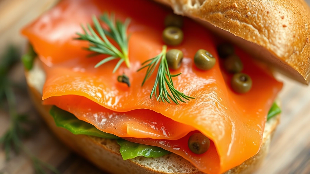 detail: close-up of layered lox bagel showing salmon, vegetables, dill and capers in sharp focus, photorealistic, natural light, no text, macro photography