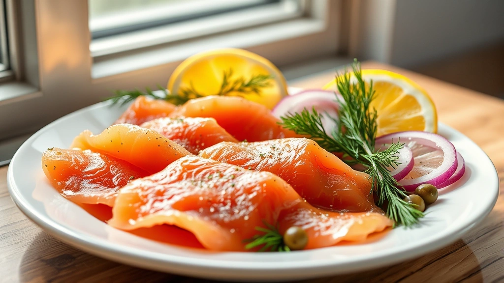 hero: beautiful homemade lox slices arranged on white plate with fresh dill, capers, red onion slices, and lemon wedges, morning sunlight from window, shallow depth of field, photorealistic, no text