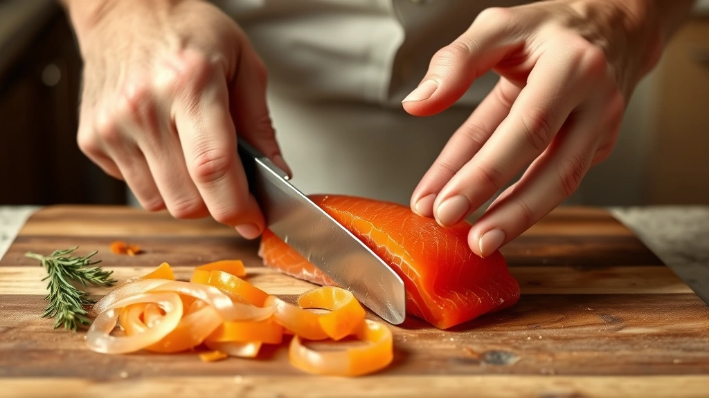 process: hands slicing cured salmon at 45-degree angle with sharp knife on wooden cutting board, thin translucent slices, natural kitchen light, photorealistic, no text