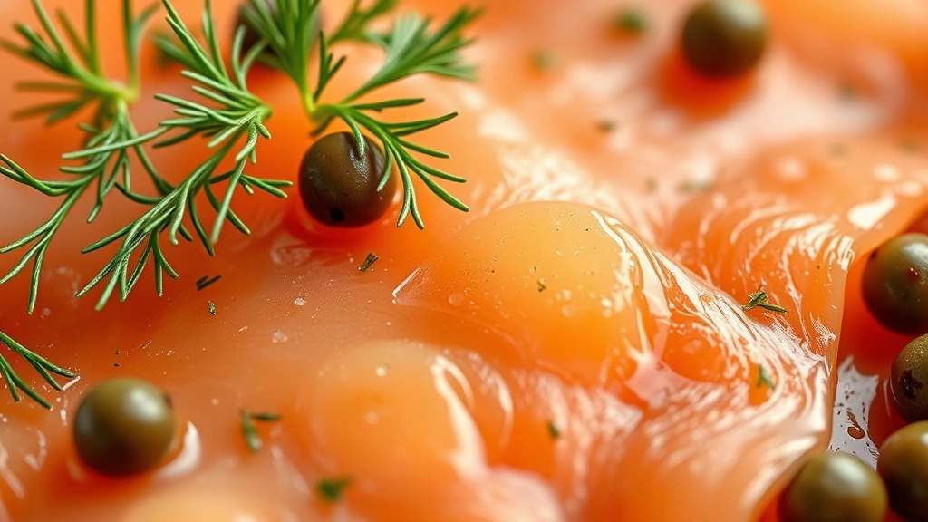 detail: close-up of sliced lox showing translucent texture, fresh dill garnish, capers scattered around, macro photography, natural soft light, photorealistic, no text