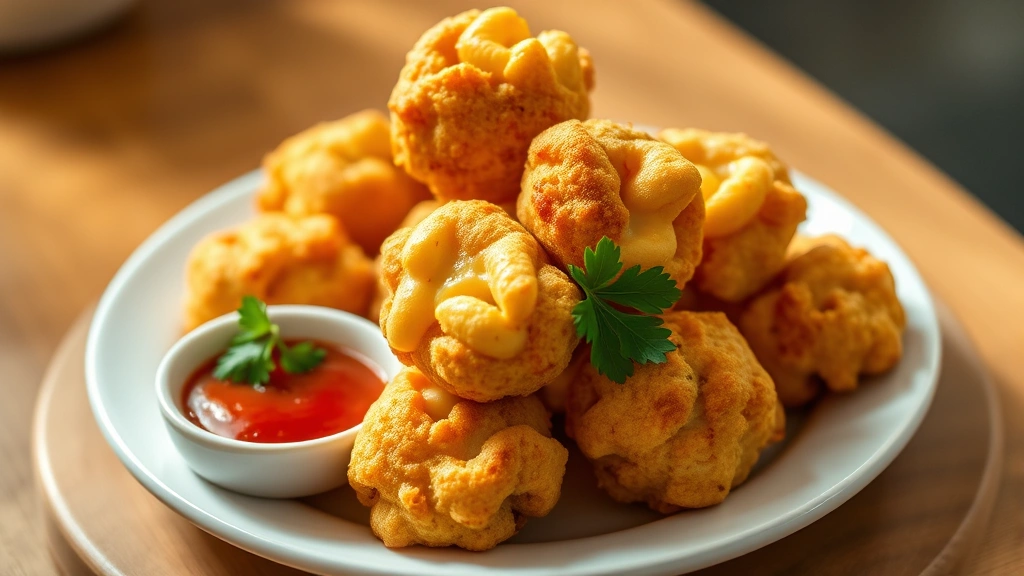 hero: golden crispy mac and cheese bites piled on a white plate with marinara dipping sauce, garnished with fresh parsley, photorealistic, warm natural light, no text