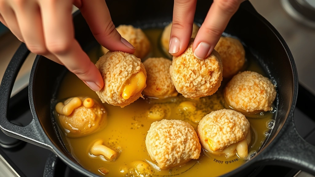 process: hands carefully placing breaded mac and cheese bites into hot golden oil in a cast iron skillet, oil bubbling around bites, photorealistic, natural light, no text