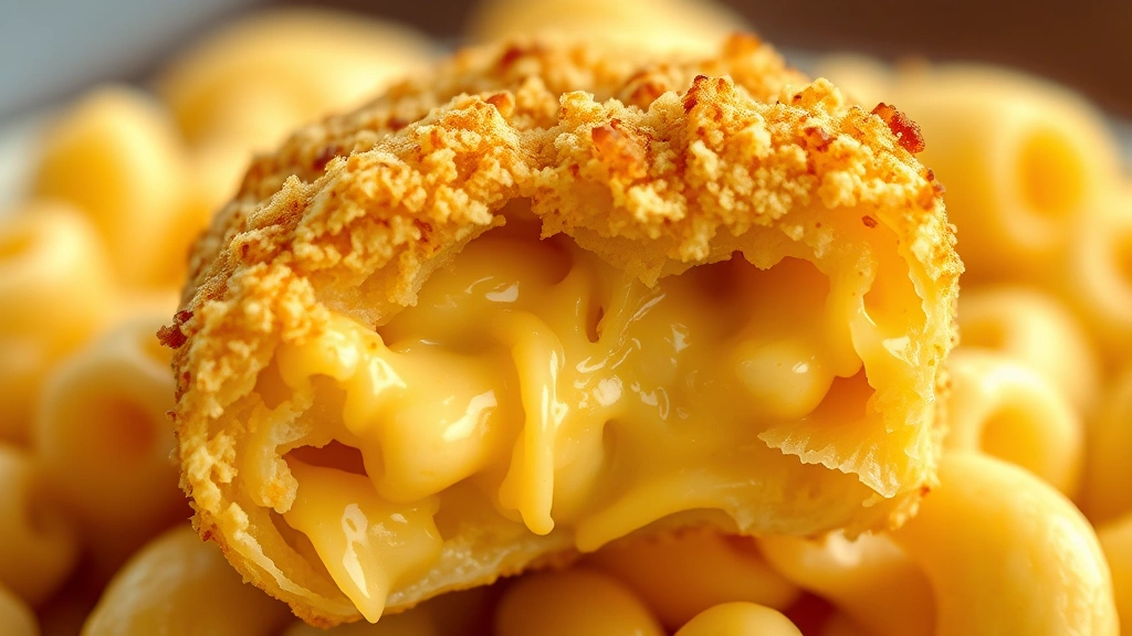 detail: close-up cross-section of a single mac and cheese bite showing crispy golden panko coating and creamy cheesy pasta interior with melted cheese strands, photorealistic, natural light, no text