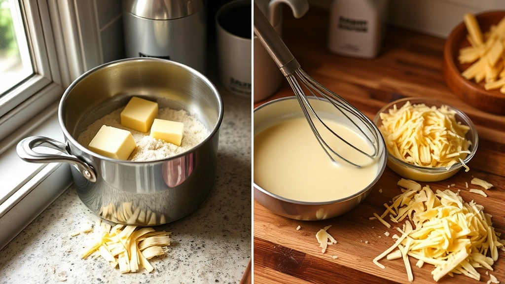 process: making cheese sauce, butter and flour roux in saucepan, milk being whisked in, shredded cheeses ready nearby, photorealistic, kitchen counter setting, natural window light, no text