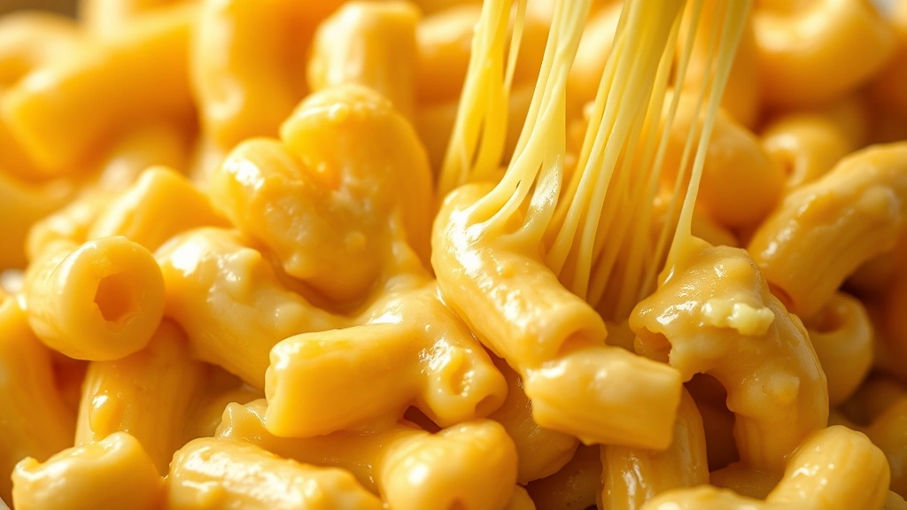detail: close-up macro shot of creamy mac and cheese, individual pasta coated in golden cheese sauce, melted cheese stretching, photorealistic, warm lighting highlighting texture, no text