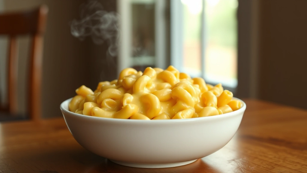 hero: creamy velveeta mac and cheese in a white serving bowl, steam rising, golden pasta coated in smooth cheese sauce, soft natural window light, wooden table background, no text