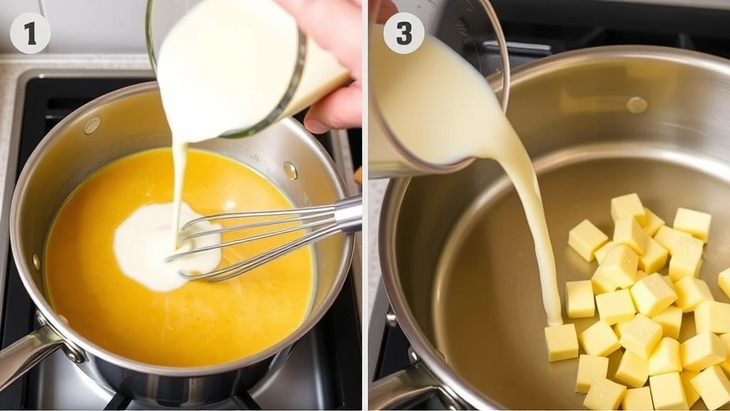 process: pouring warm milk into golden roux in saucepan, whisking motion, cubed velveeta cheese beside pan, stainless steel cookware, warm kitchen lighting, no text