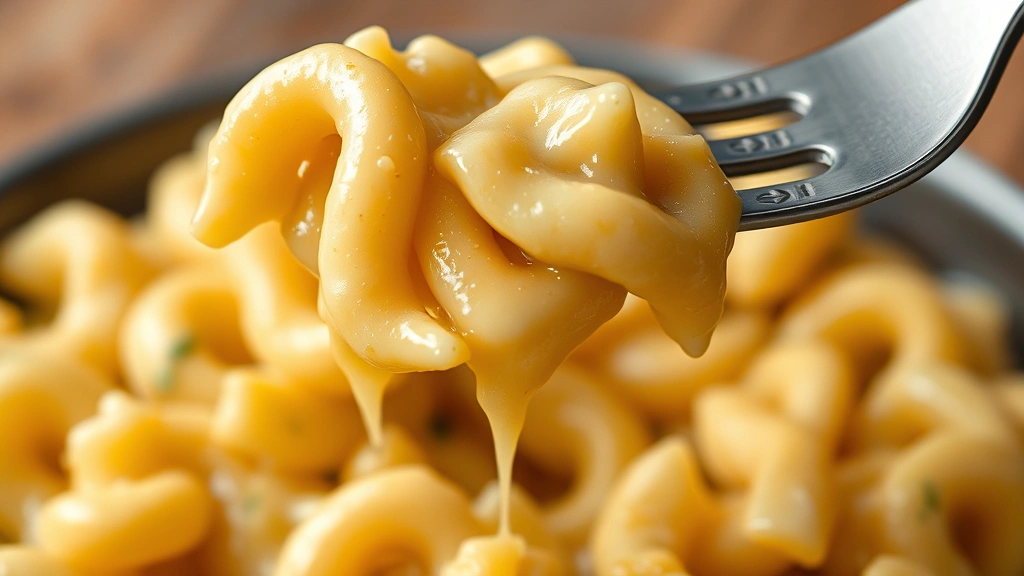 detail: close-up macro shot of creamy cheese-coated elbow macaroni, fork lifting pasta strands with cheese sauce dripping, shallow depth of field, natural daylight, no text