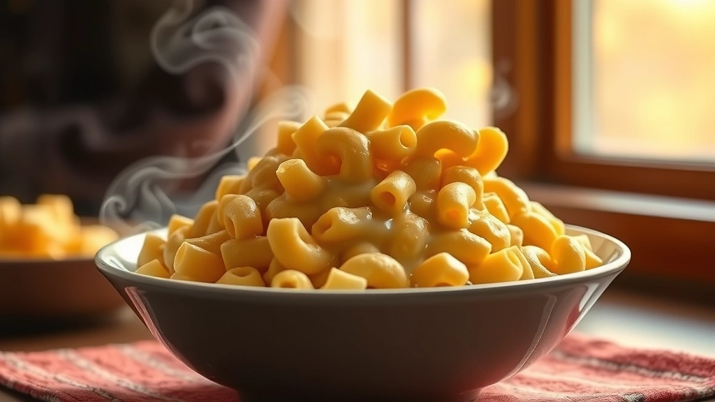 hero: steaming bowl of creamy velveeta mac and cheese with gooey sauce coating elbow pasta, photorealistic, warm natural daylight from window, shallow depth of field, no text