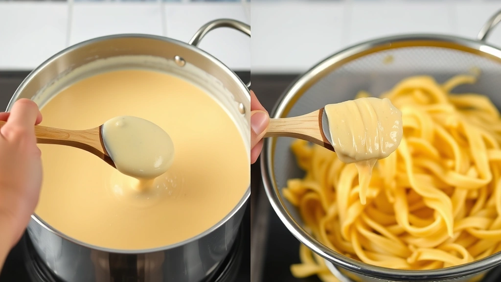 process: hand stirring wooden spoon through pot of smooth cheese sauce being poured over hot pasta in colander, photorealistic, natural kitchen lighting, no text